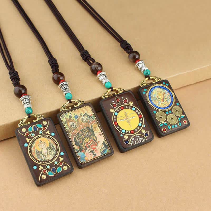 Ebony Wood Necklace Pendant with Five Gods of Wealth | Peace