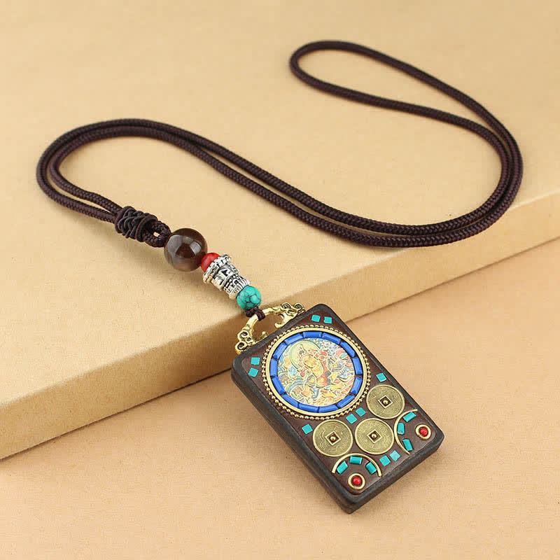 Ebony Wood Necklace Pendant with Five Gods of Wealth | Peace
