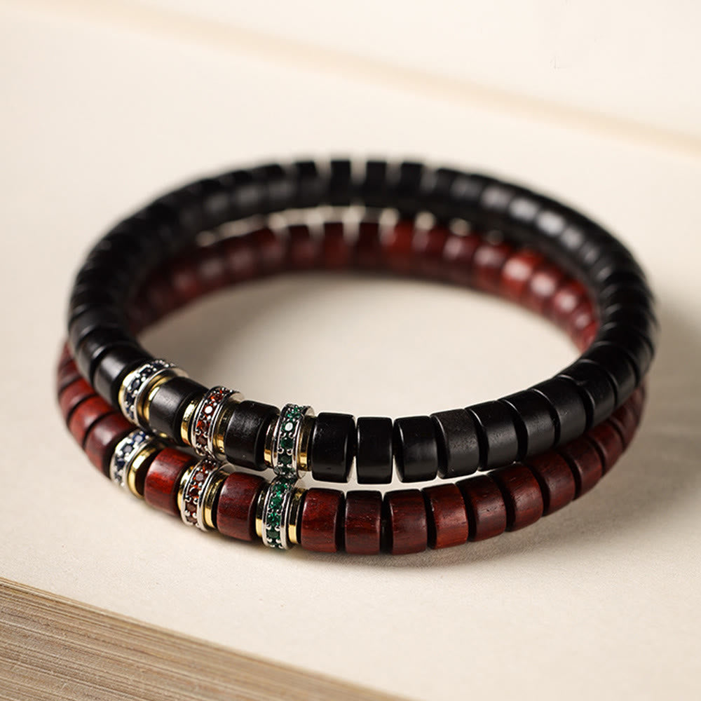 Ebony Wood Peace Bracelet with Small Leaf Red Sandalwood and Zircon, Unisex