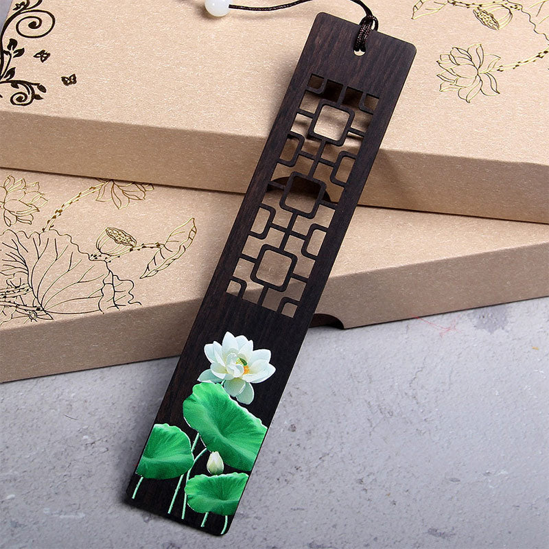Ebony Wood Zen Bookmark with Green Lotus and Oriole Design