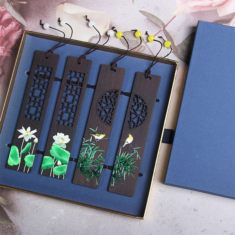 Ebony Wood Zen Bookmark with Green Lotus and Oriole Design