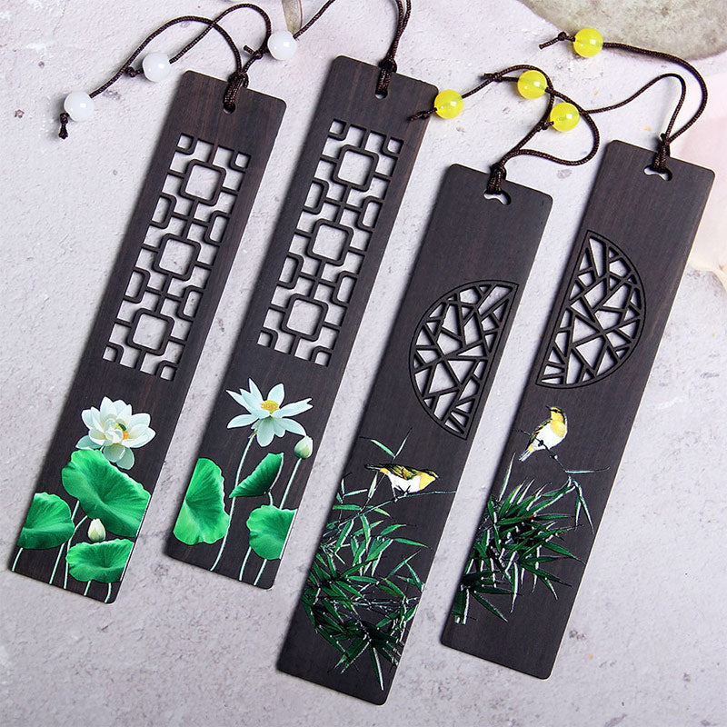 Ebony Wood Zen Bookmark with Green Lotus and Oriole Design