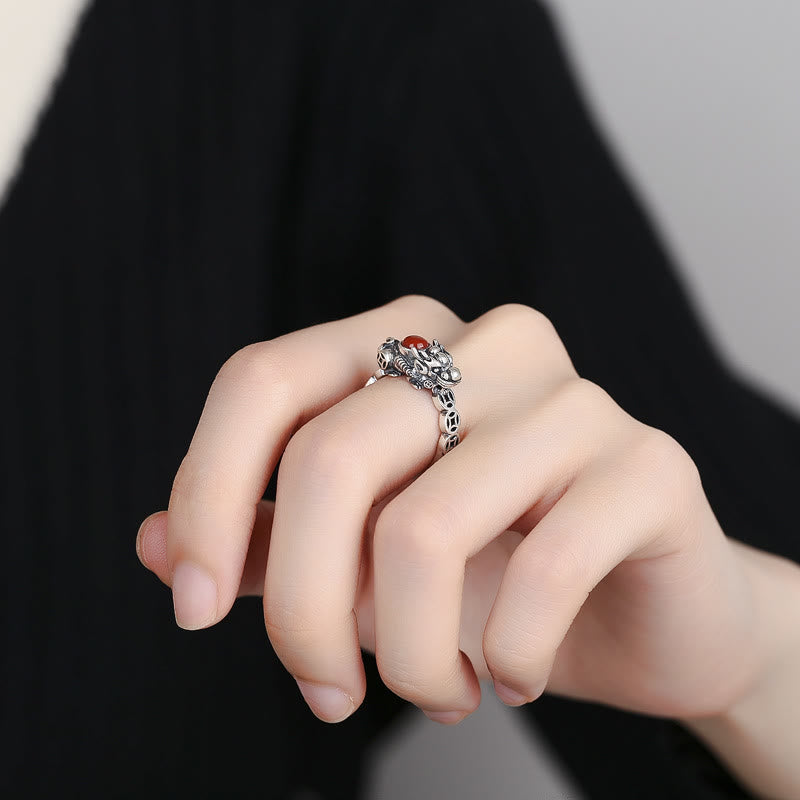 Adjustable Red Agate Pixiu Ring for Wealth and Luck