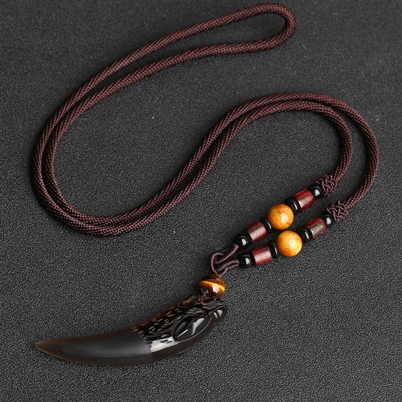 Large Ice Obsidian Wolf Tooth Pattern Courage Necklace