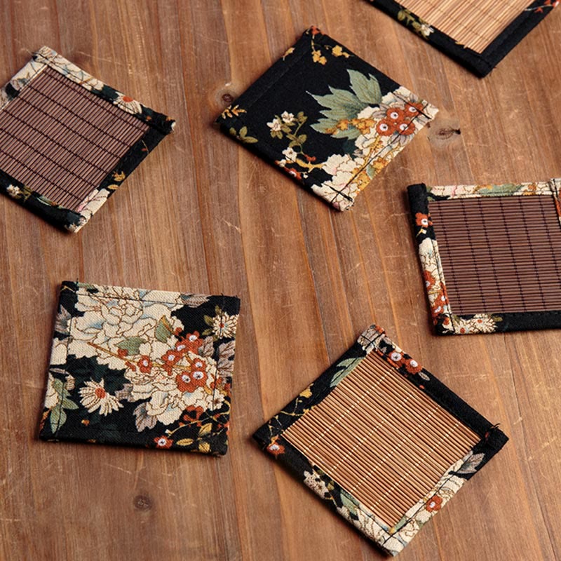 Vintage Bamboo Tea Mat 35x100cm | Peony Flower Coaster