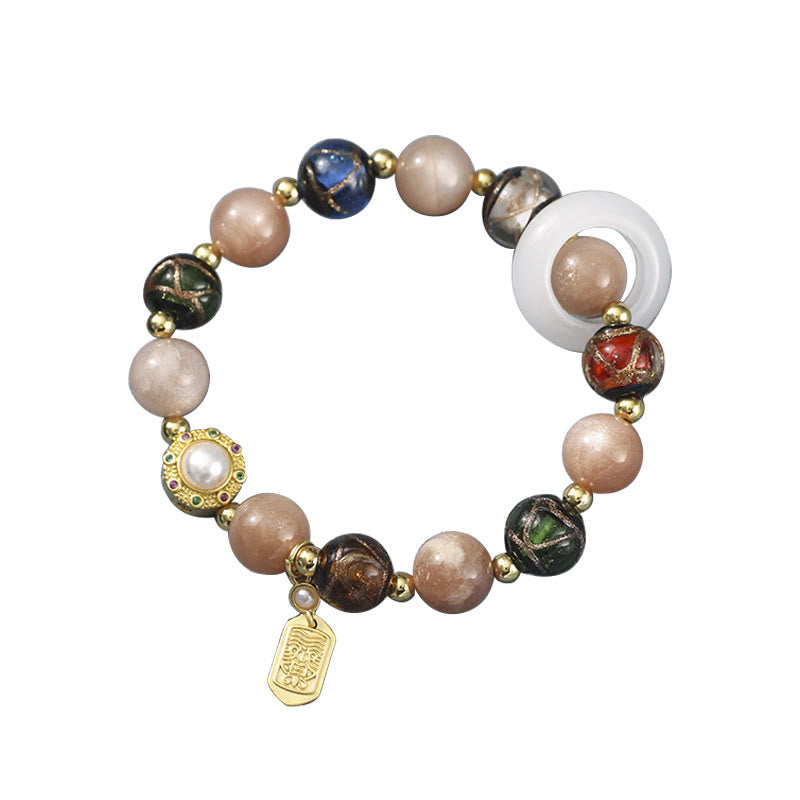 Om Mani Padme Hum Om Bracelet with Tridacna & Sun Stones 14-16cm