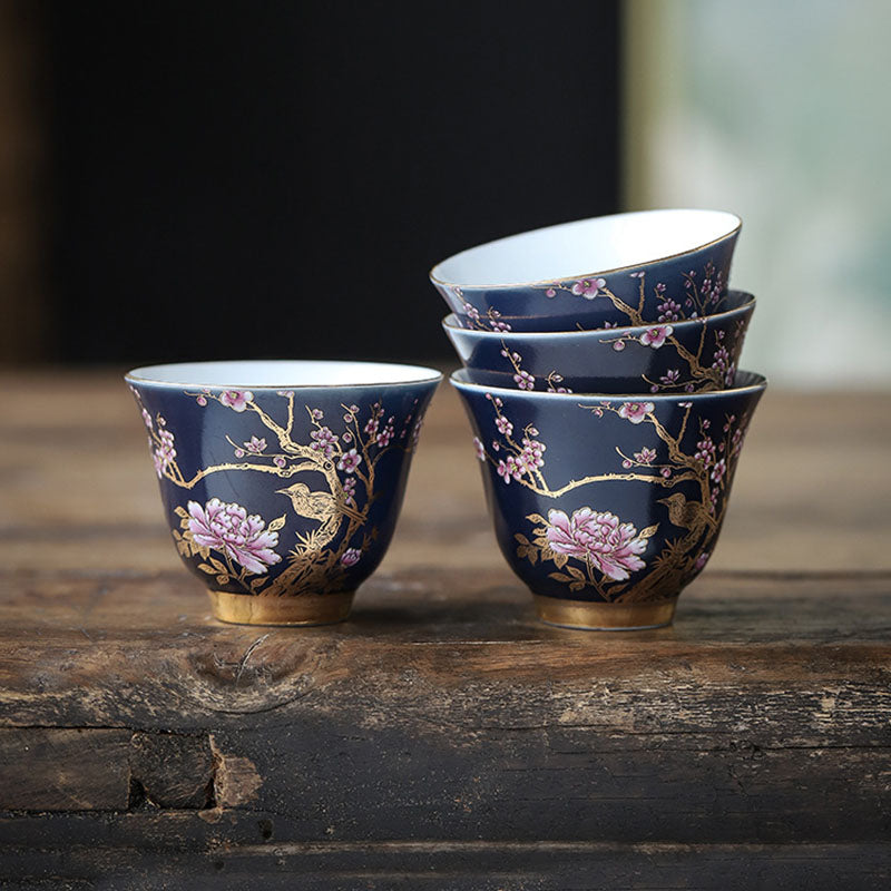 Golden Magpie & Peony Ceramic Teacup for Kung Fu Tea