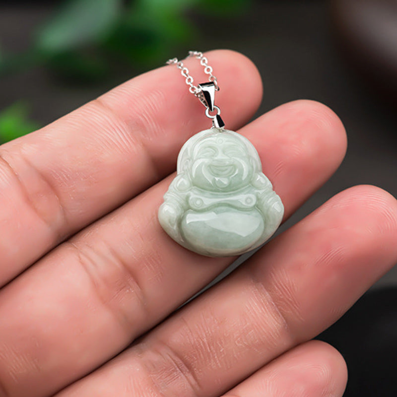 925 Sterling Silver Jade Laughing Buddha Necklace for Prosperity