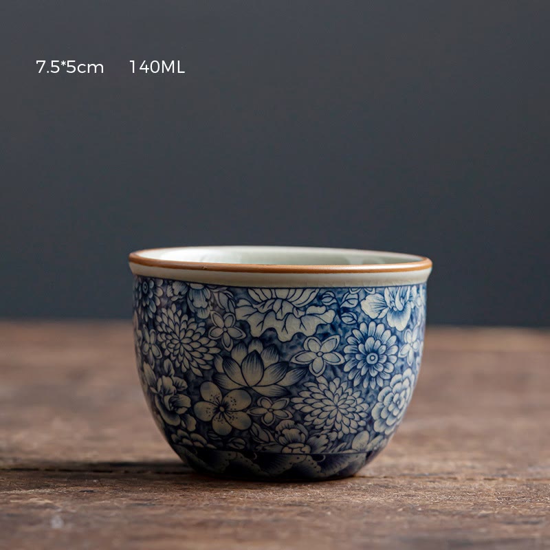 Ceramic Zen Tea Cup with Blue Lotus & Chrysanthemum Design 95ml