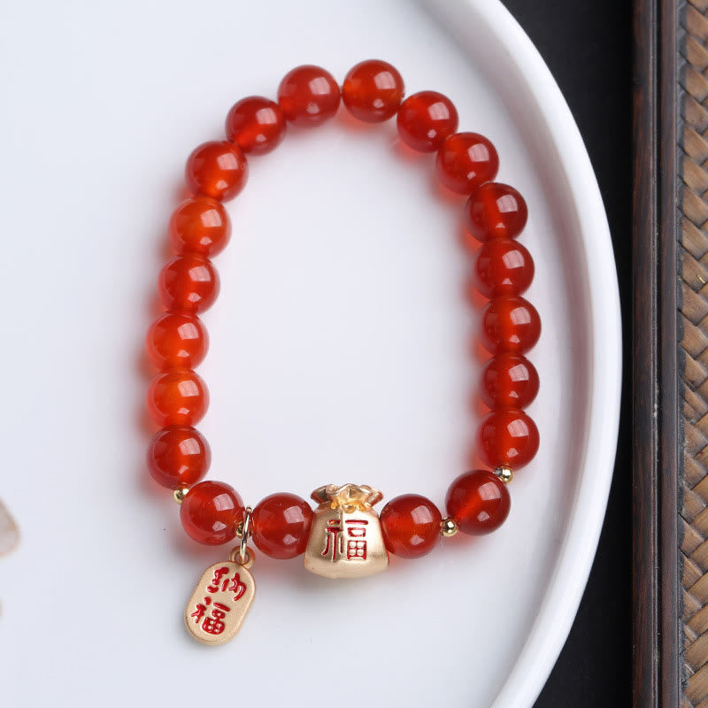 8mm White Red Agate Protection Bracelet Fu Symbol