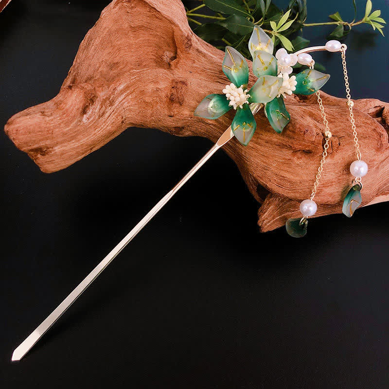 Pearl Flower Leaf Tassel Hairpin for Calm & Wealth