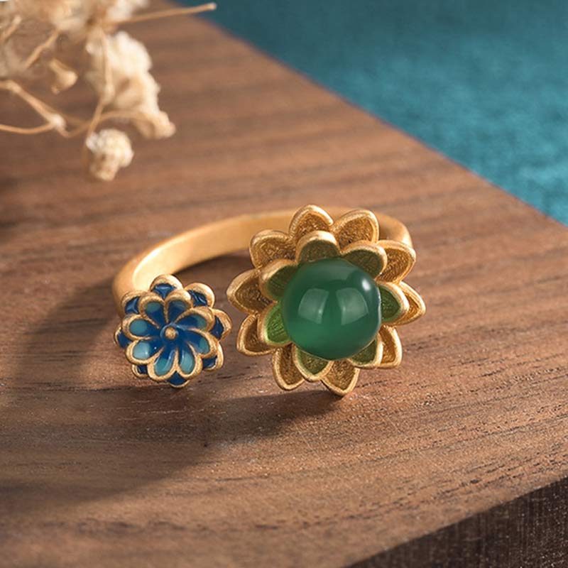 Adjustable Jade Ring with Lotus Pattern for Abundance
