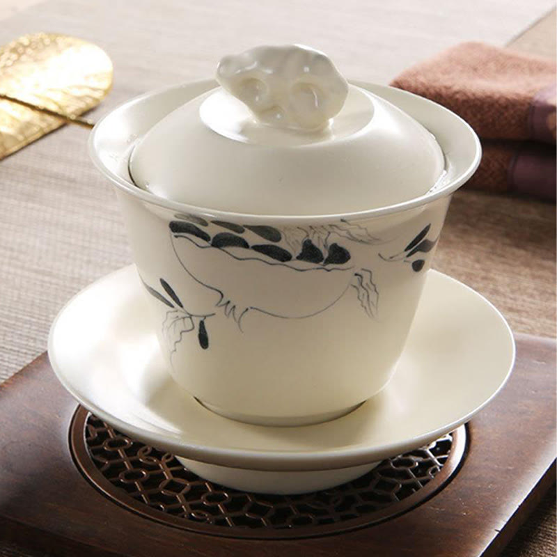 Hand Painted Ceramic Gaiwan Tea Cup With Lid 200ml | Zen Decor