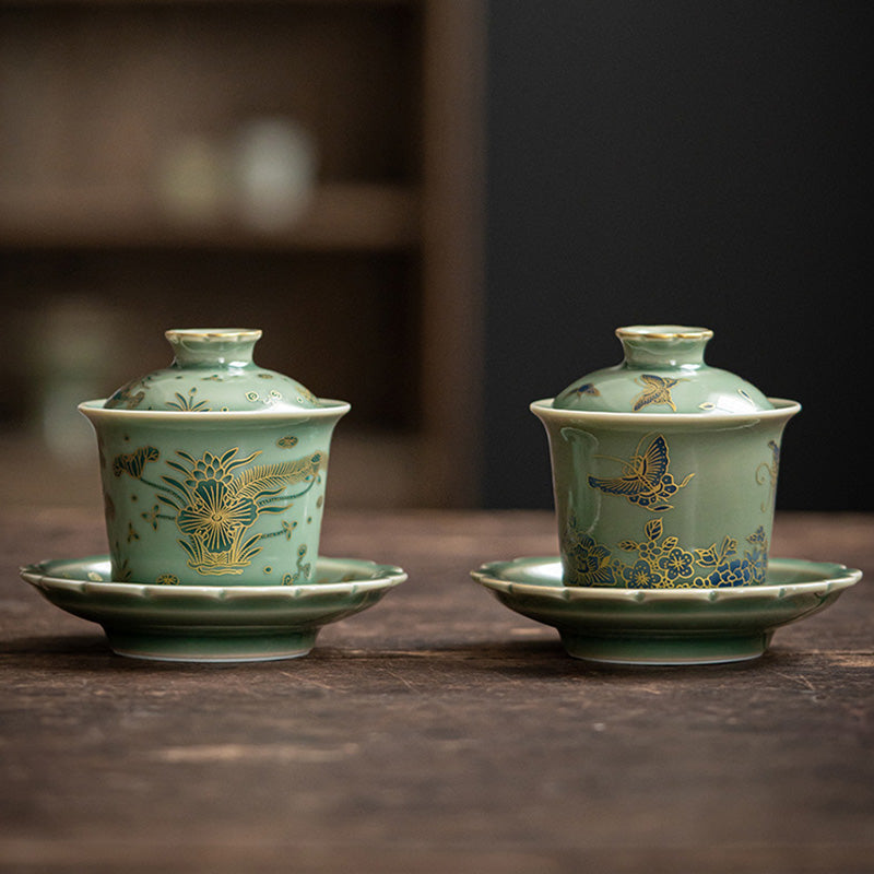 Green Porcelain Gaiwan Tea Set | Butterfly Flower & Salmon Design