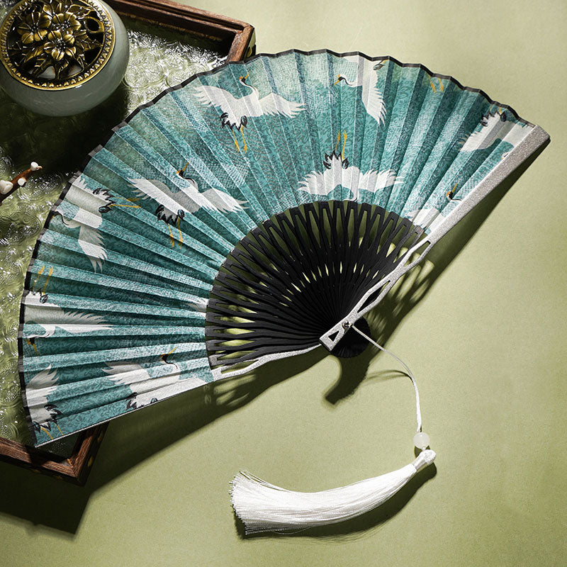 22.5cm Chinese Folding Fan | Blue Crane Silk Bamboo Fan