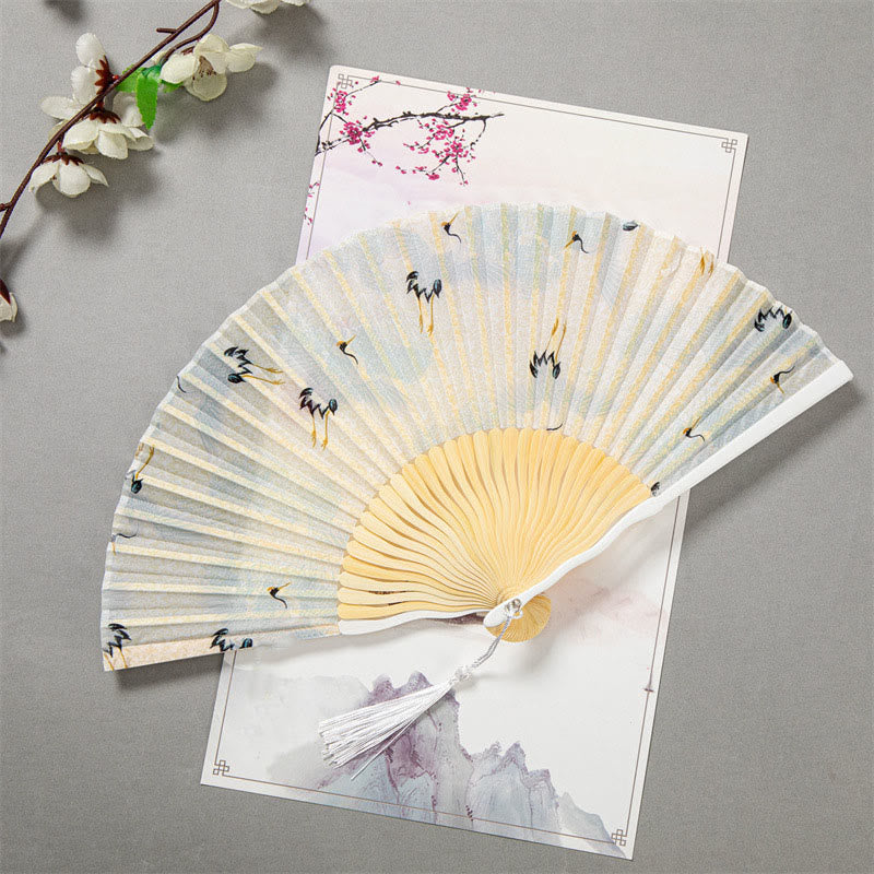 22cm Chinese Folding Silk Bamboo Fan with White Crane Design