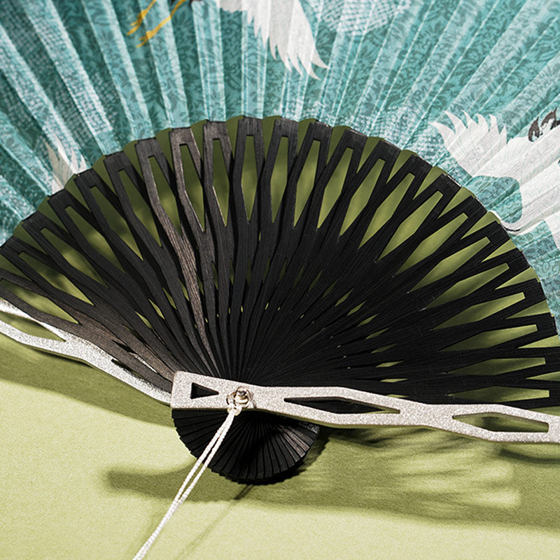 22.5cm Chinese Folding Fan | Blue Crane Silk Bamboo Fan