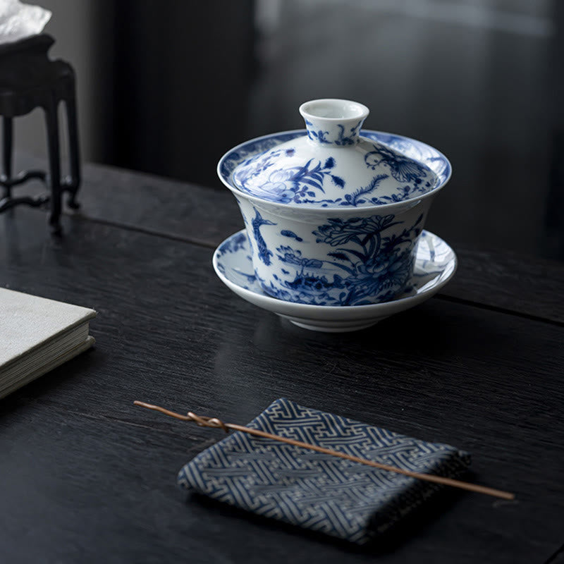 Lion Dance Ceramic Gaiwan Tea Cup 300ml with Lid & Saucer