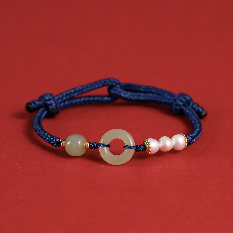 Natural Hetian Jade Pearl Peace Buckle Luck Bracelet