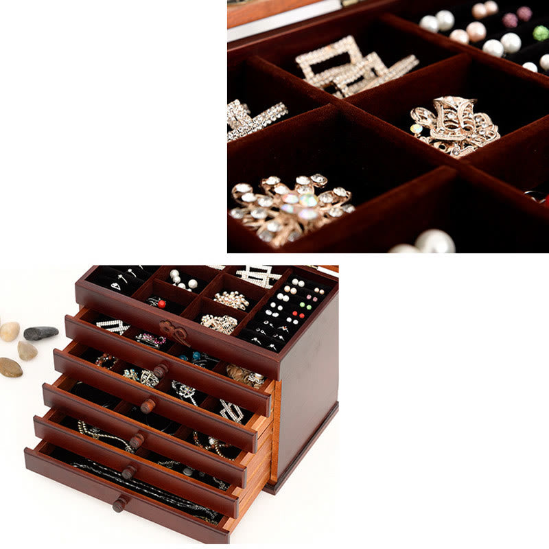 Six-Layer Wooden Jewelry Box with Vintage Plum Blossom Carvings