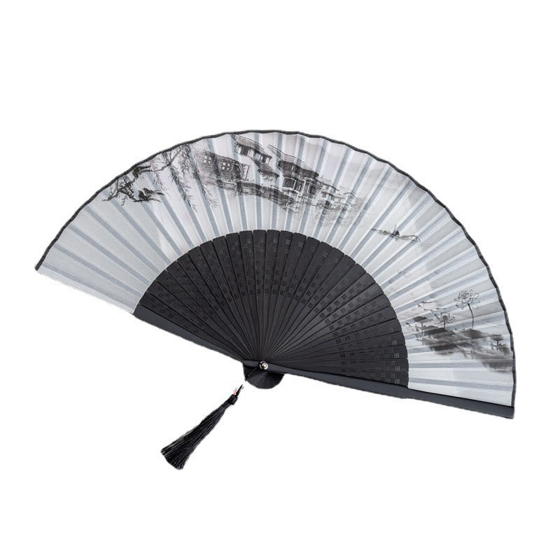 Plum Blossom Silk Bamboo Folding Fan 22.5cm Elegant Handheld