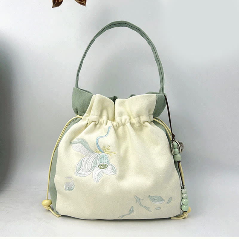 Embroidered Butterfly Lotus Cotton Linen Tote Bag 20cm