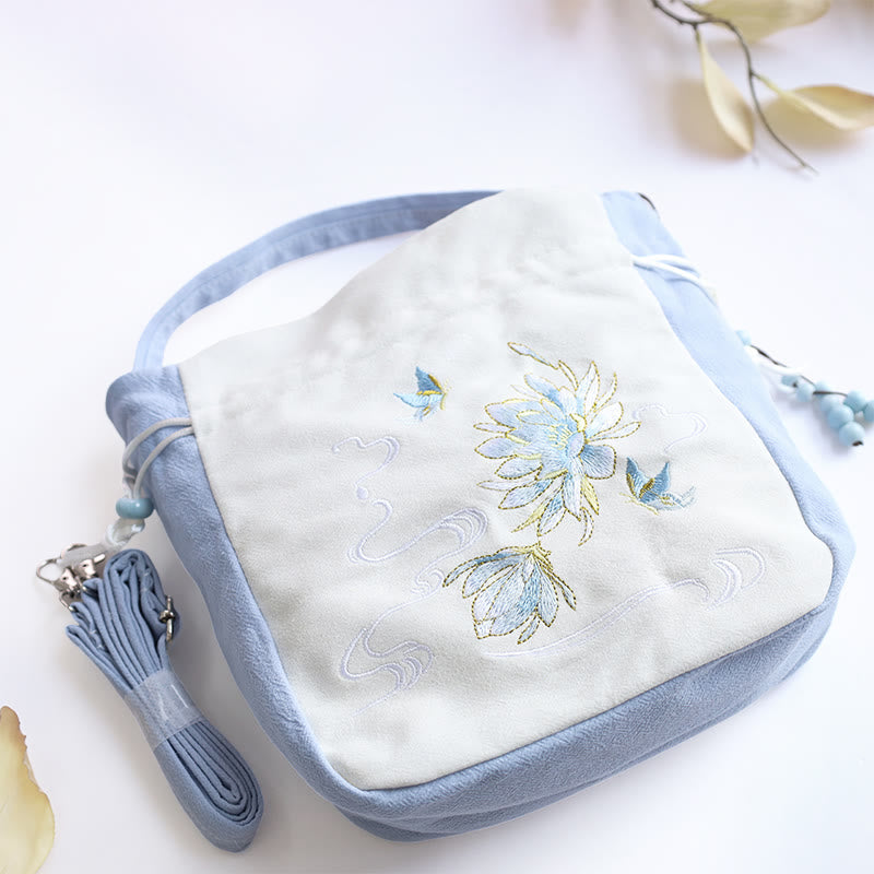Embroidered Butterfly Lotus Cotton Linen Tote Bag 20cm