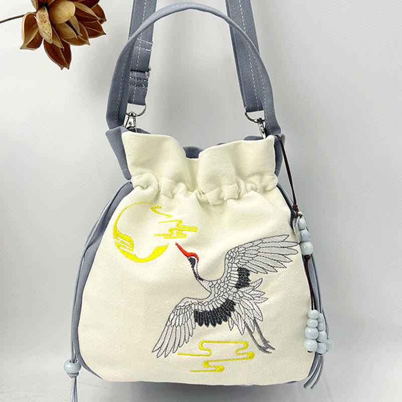 Embroidered Butterfly Lotus Cotton Linen Tote Bag 20cm