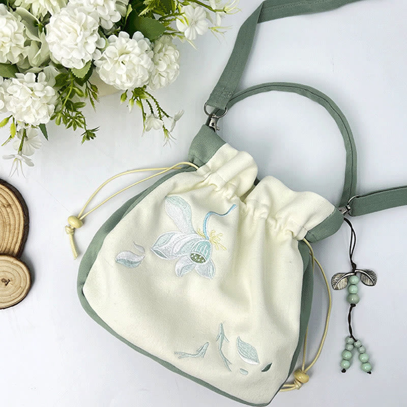 Embroidered Butterfly Lotus Cotton Linen Tote Bag 20cm
