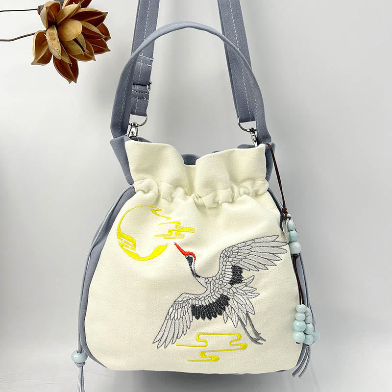 Embroidered Butterfly Lotus Cotton Linen Tote Bag 20cm