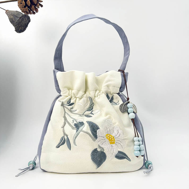 Embroidered Butterfly Lotus Cotton Linen Tote Bag 20cm