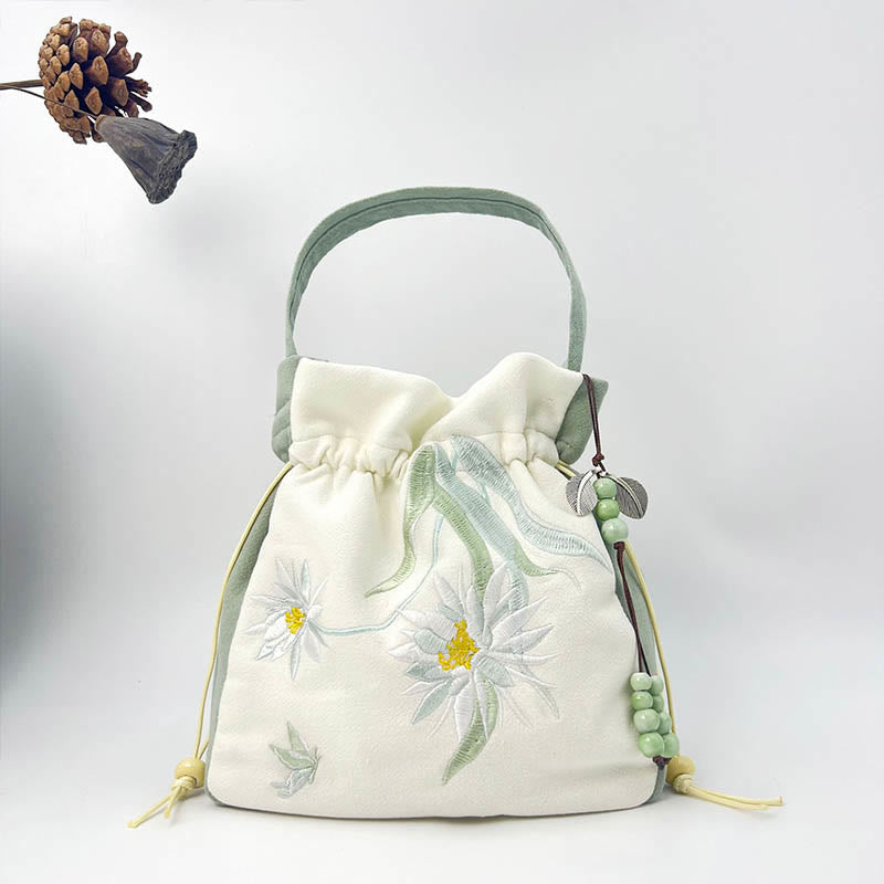 Embroidered Butterfly Lotus Cotton Linen Tote Bag 20cm