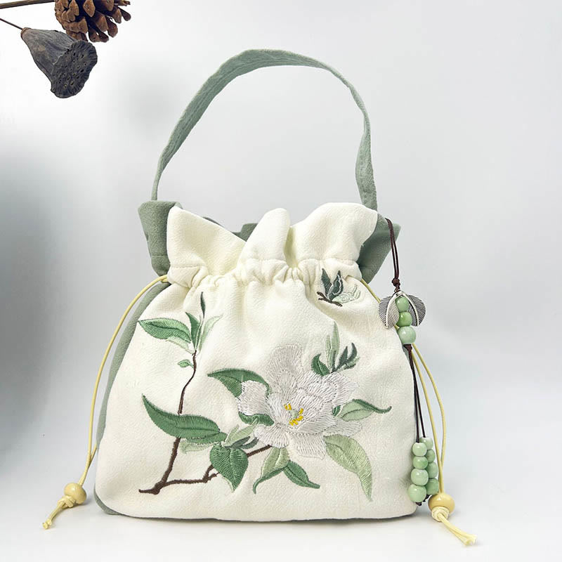 Embroidered Butterfly Lotus Cotton Linen Tote Bag 20cm