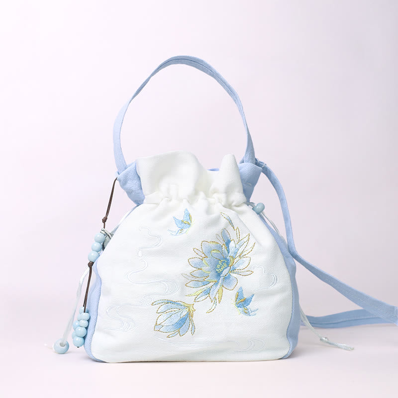 Embroidered Butterfly Lotus Cotton Linen Tote Bag 20cm