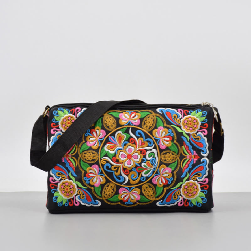Embroidered Canvas Crossbody Bag with Peony and Peacock Motifs