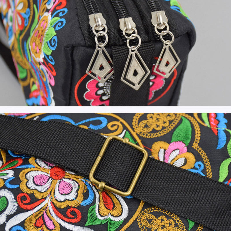 Embroidered Canvas Crossbody Bag with Peony and Peacock Motifs