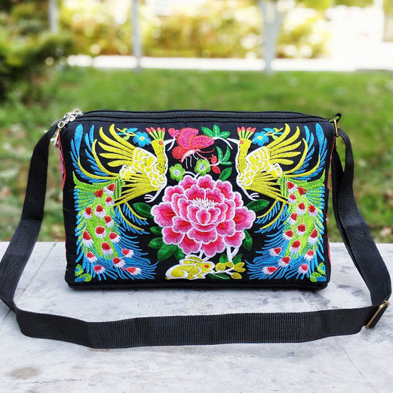 Embroidered Canvas Crossbody Bag with Peony and Peacock Motifs
