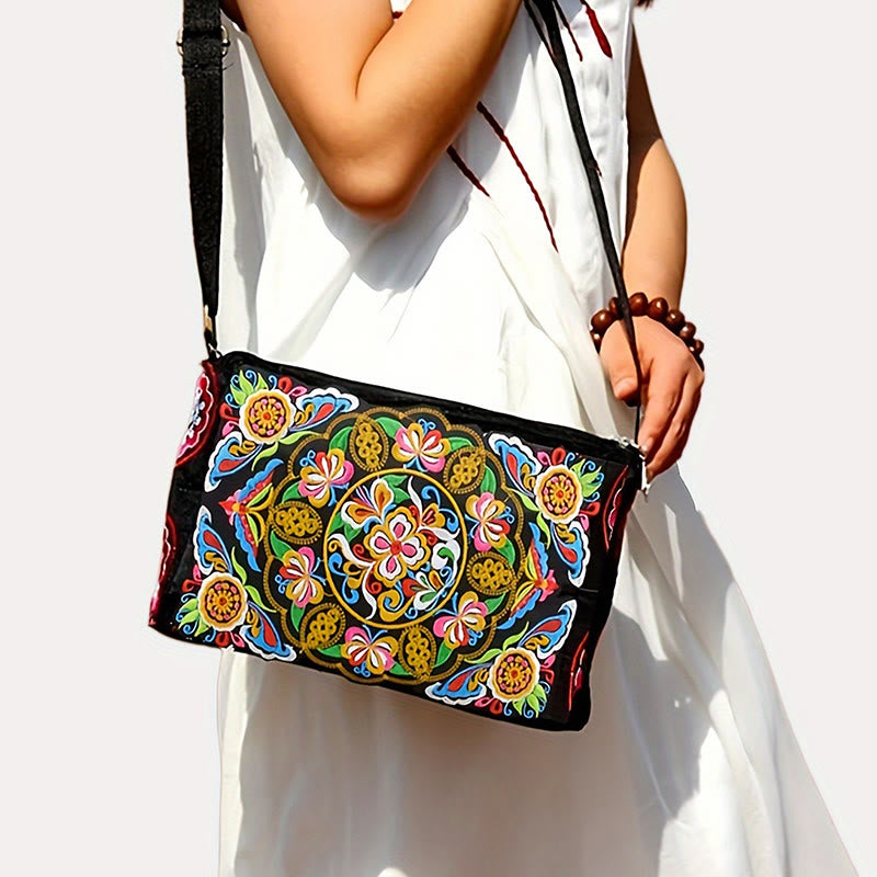 Embroidered Canvas Crossbody Bag with Peony and Peacock Motifs