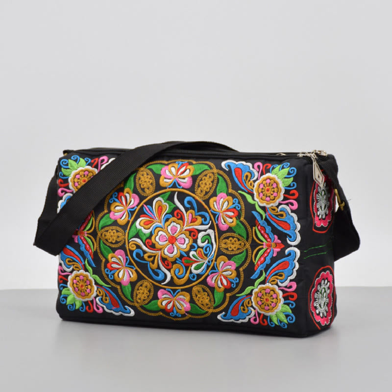Embroidered Canvas Crossbody Bag with Peony and Peacock Motifs