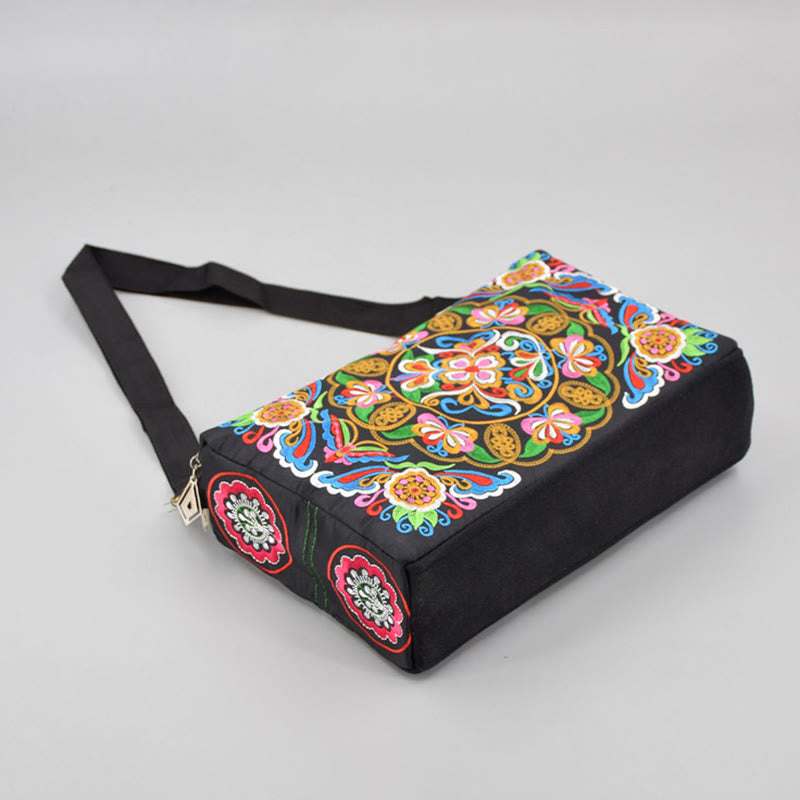 Embroidered Canvas Crossbody Bag with Peony and Peacock Motifs