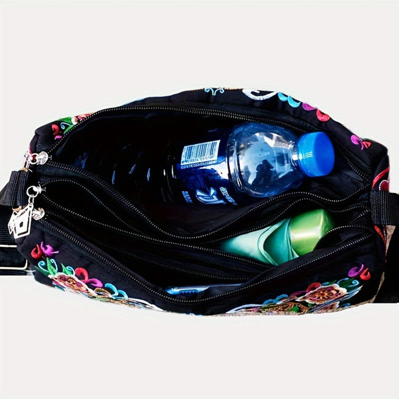 Embroidered Canvas Crossbody Bag with Peony and Peacock Motifs