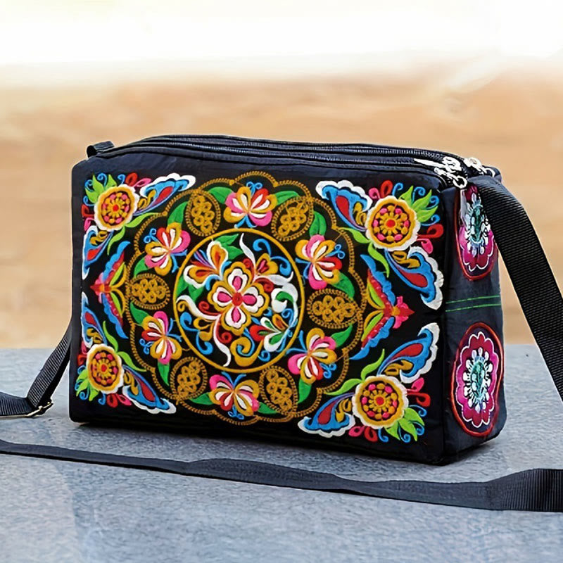 Embroidered Canvas Crossbody Bag with Peony and Peacock Motifs
