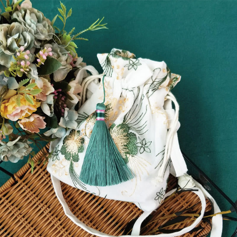 Embroidered Cherry Blossoms Vine Canvas Crossbody Bag 15x22cm