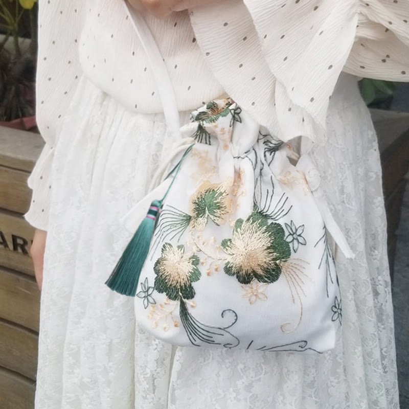 Embroidered Cherry Blossoms Vine Canvas Crossbody Bag 15x22cm