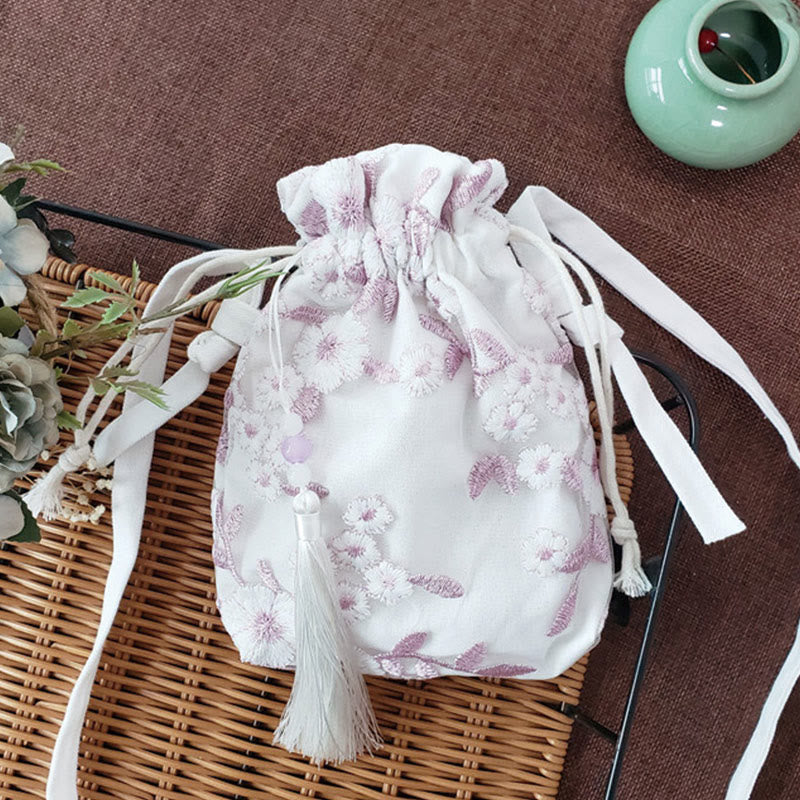 Embroidered Cherry Blossoms Vine Canvas Crossbody Bag 15x22cm