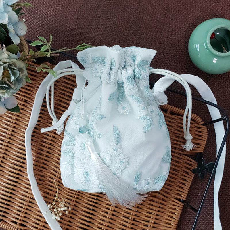 Embroidered Cherry Blossoms Vine Canvas Crossbody Bag 15x22cm