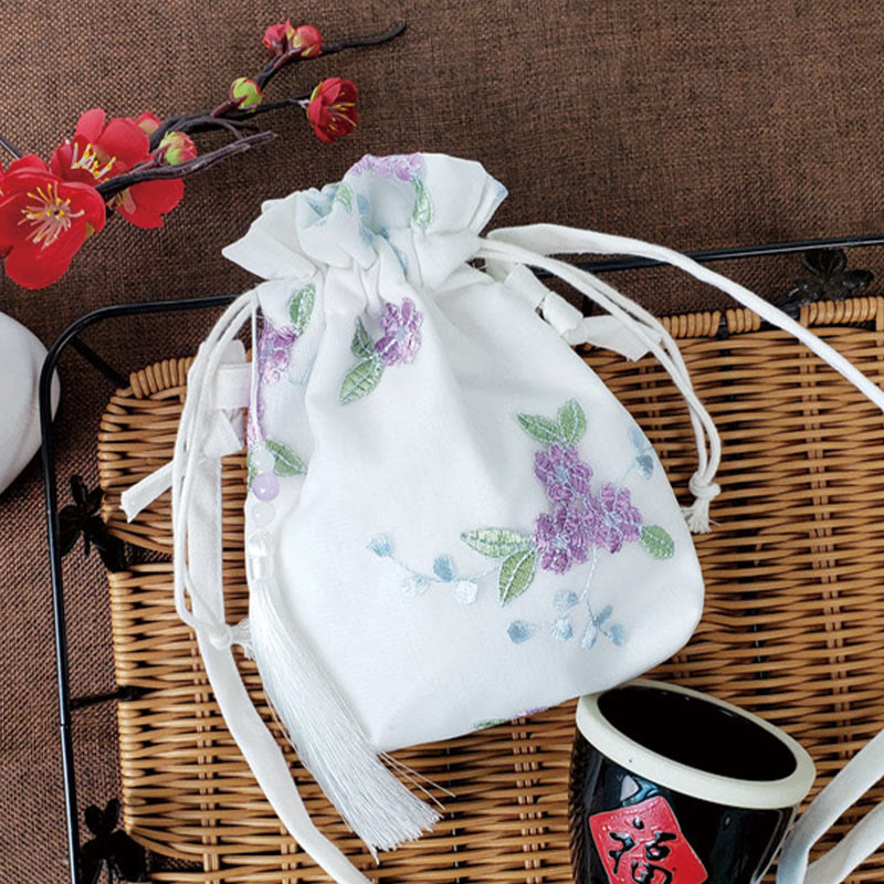 Embroidered Cherry Blossoms Vine Canvas Crossbody Bag 15x22cm