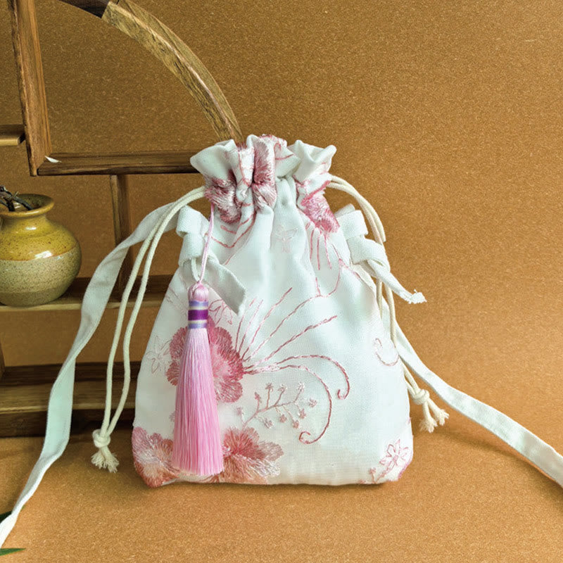 Embroidered Cherry Blossoms Vine Canvas Crossbody Bag 15x22cm