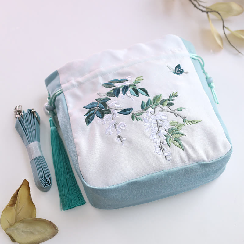 Embroidered Cotton Linen Tote Bag With Wisteria Flowers