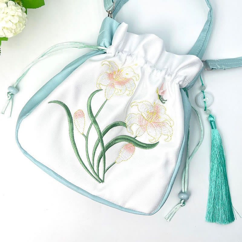 Embroidered Cotton Linen Tote Bag With Wisteria Flowers